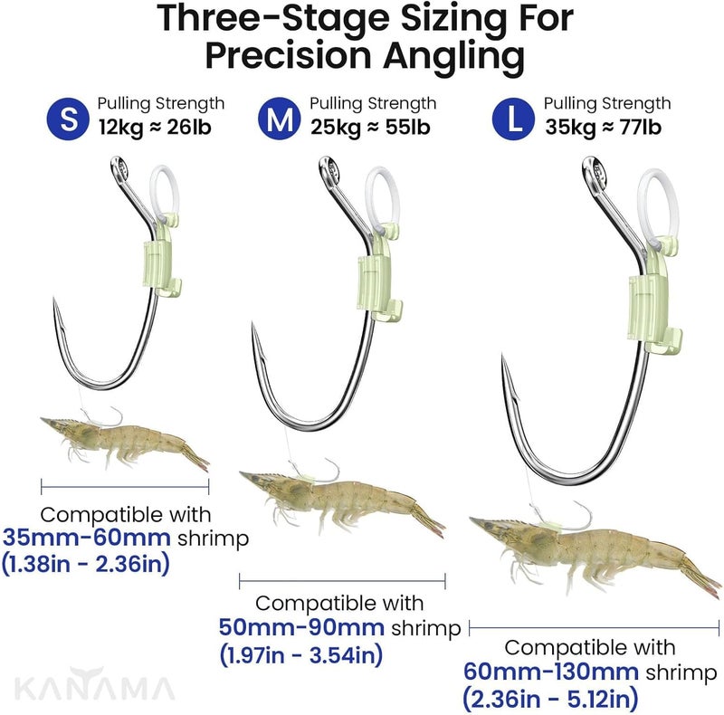 kanama Luminous Live Shrimp Hooks - High Carbon Steel Fishing Hooks Saltwater Corrosion Resistant Barbed Strong Hooks Freshwater Shrimp Walker, Ideal for Bass, Groupers, Pike, Catfish & More - Image 2